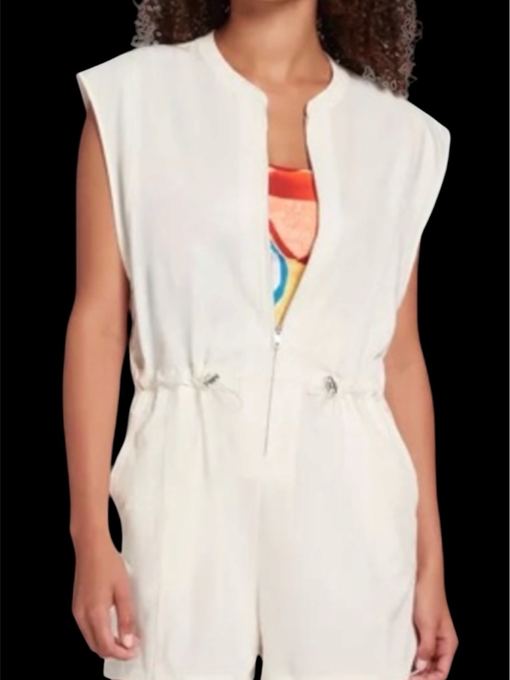 NWOT CALIA sL ‘Soft Utility Romper’-cream-zip w/elastic drawcord-side pockets-UV